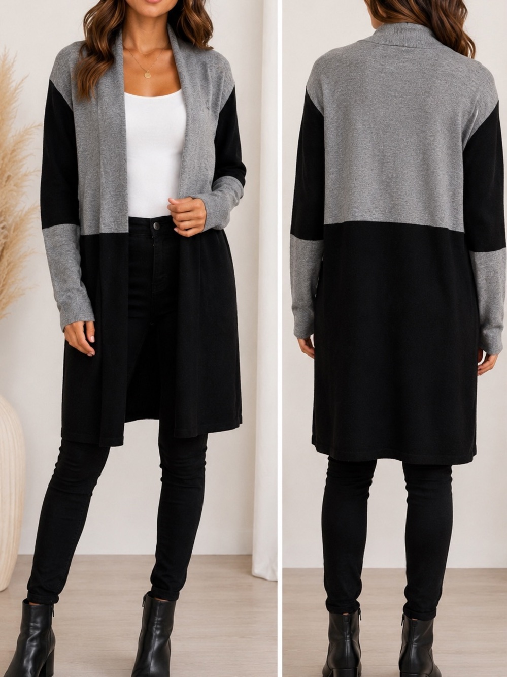 Vila Milano Color Block Open Front Cardigan Gray Black Size L